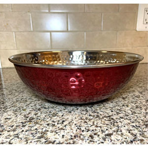 Decorative Round Dimple Hammered Two-Tone Stainless Steel Bowl Red 10" (25.4cm)